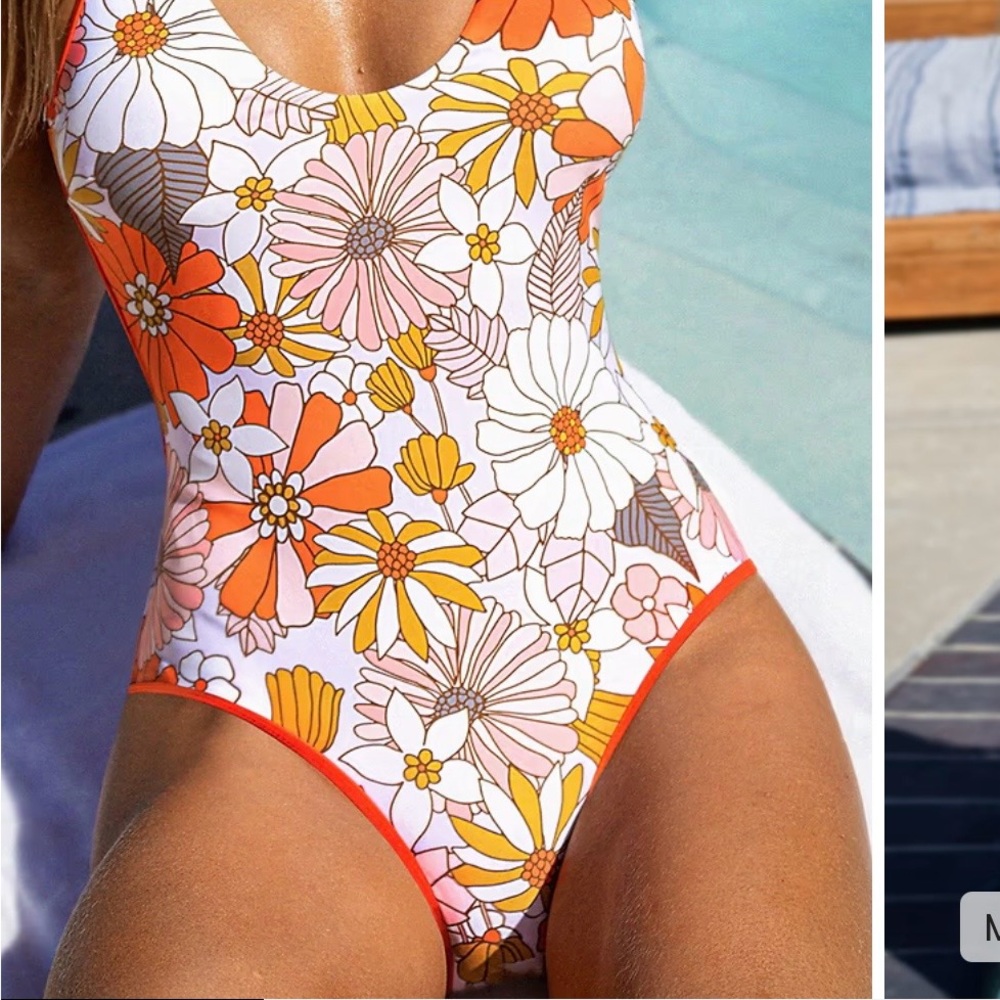 Cupshe Floral One Piece Swimsuit - Orange and Pink